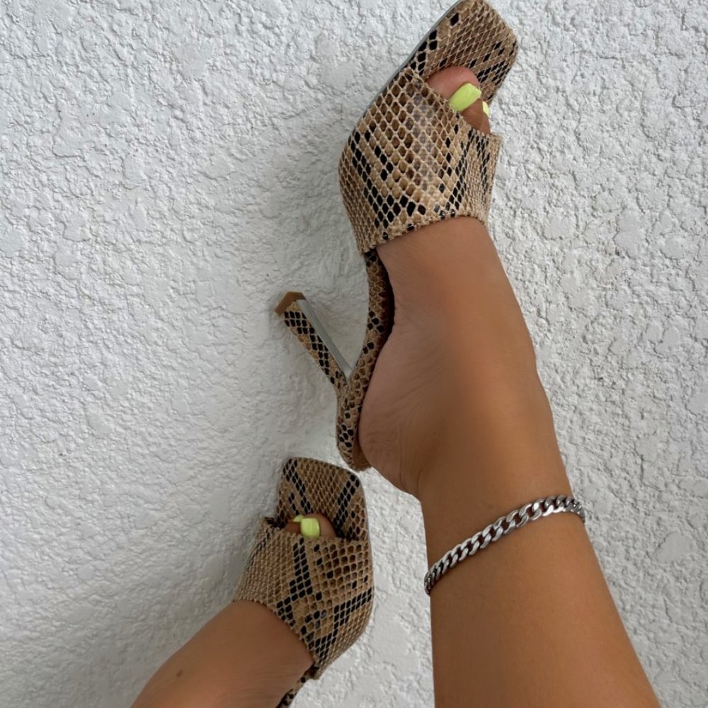 Snakeskin mule heels